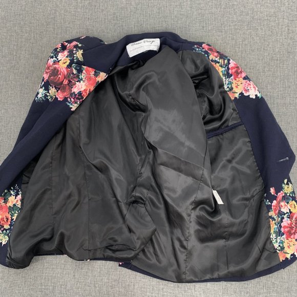 Those Days Beautiful Navy Blue Jacket Floral Print Shoulder Pads Cotton 1 Button - Picture 3 of 15